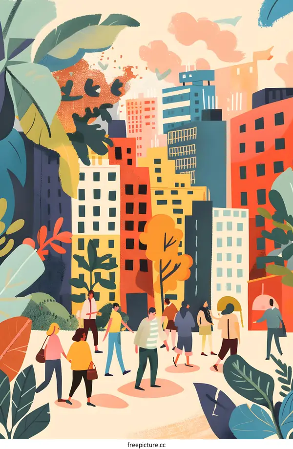 Cityscape with People Walking Through Park