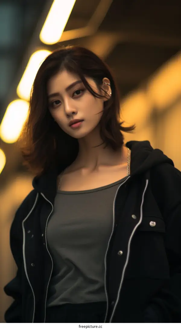 Portrait of a young Asian woman in a black hoodie