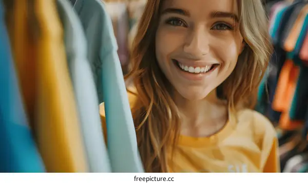 Smiling Woman Shopping for Clothes in Clothing Store