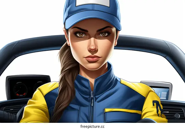 Portrait of a female race car driver in a blue and yellow uniform