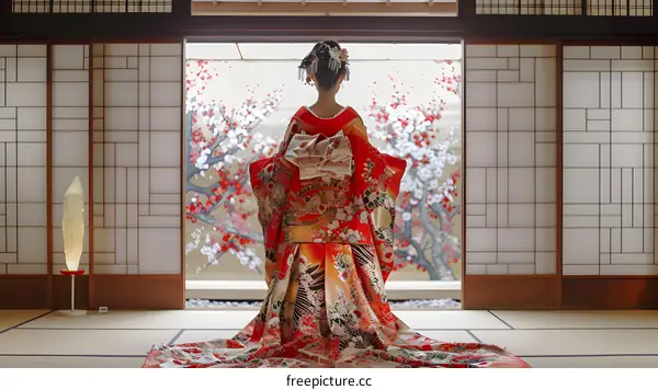 Woman in Traditional Japanese Kimono Standing in Front of Sliding Doors
