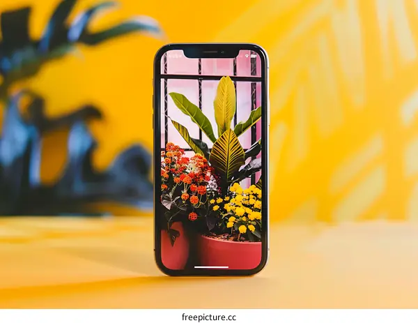 Close Up of iPhone with Flowers in Pot on Screen