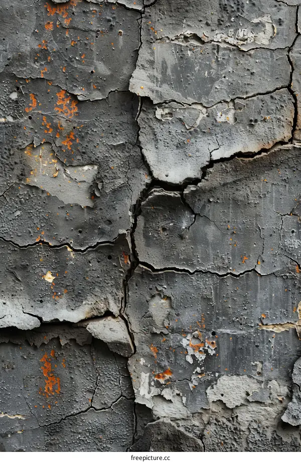 weathered gray concrete wall texture with cracks and orange undercoat