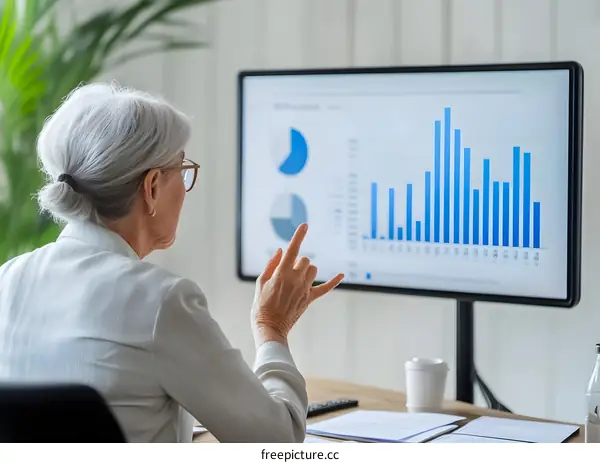 Senior Woman Presenting Data Analysis on Computer Monitor