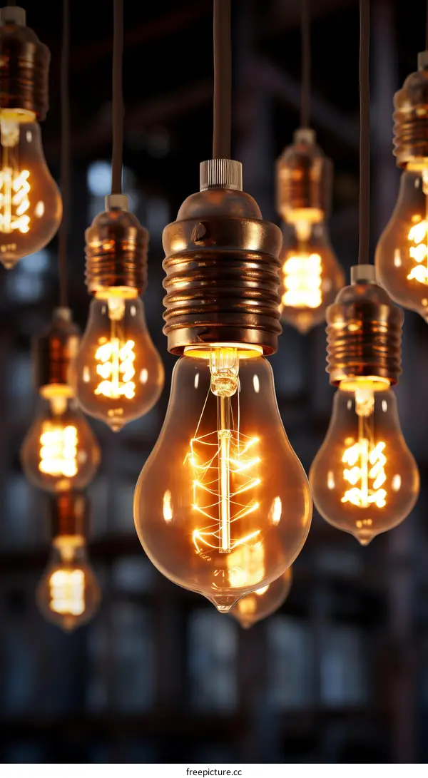 Glowing tungsten light bulbs hanging from the ceiling