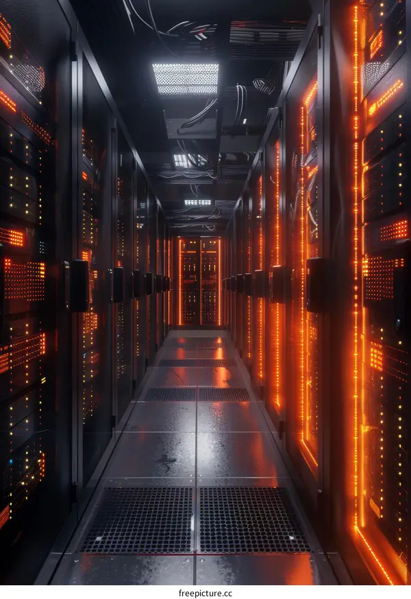 Futuristic server room with bright orange lights illuminating the aisles between the server racks.