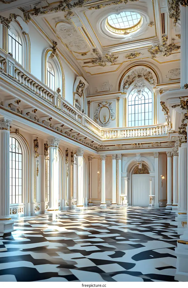 Grand Hall with Checkered Floor and Golden Accents