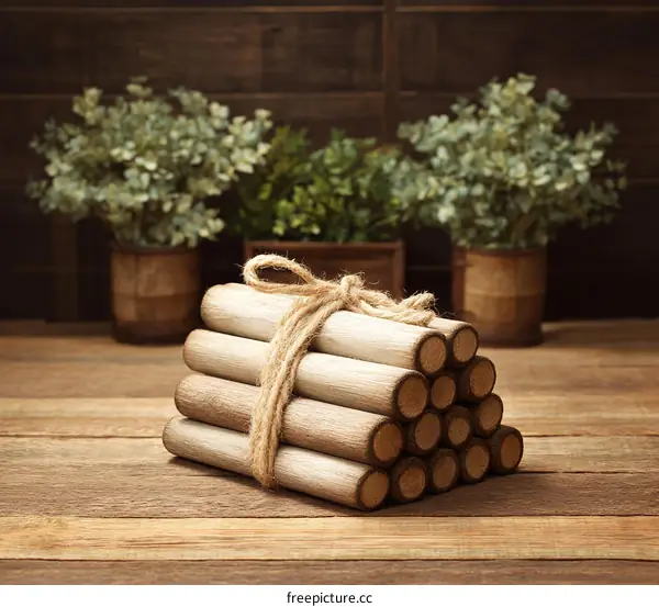 Stacked Wooden Logs Tied with Twine on Wooden Table