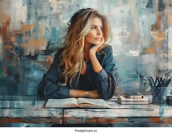Portrait of a beautiful blonde woman sitting at a table and reading a book