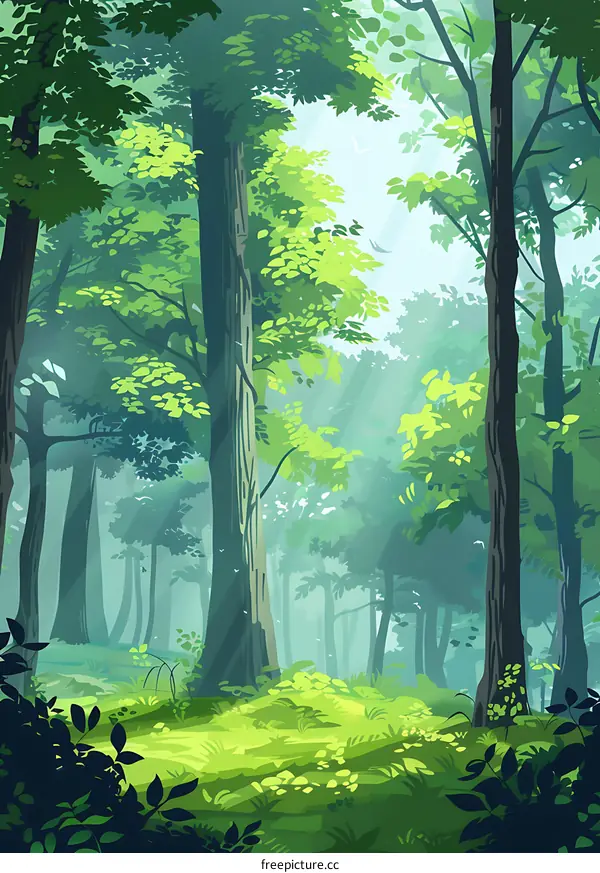 Green Forest Landscape Illustration with Sunbeams