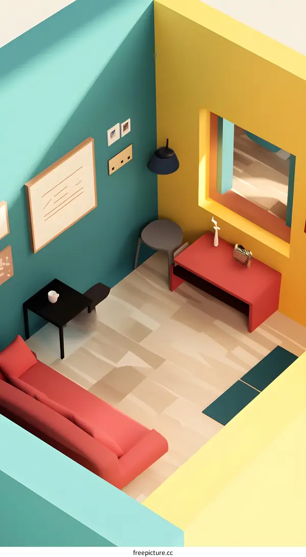 Minimalist 3D Illustration of a Modern Living Room with Colorful Walls