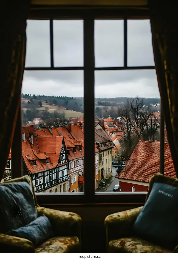 Window View Of  Old Town Germany With Red Roofs