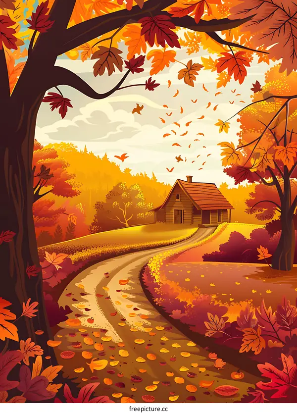 Autumn Landscape with Cabin and Winding Road