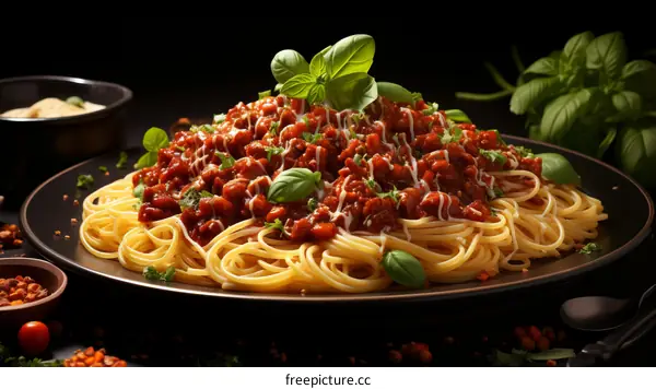 A plate of spaghetti with tomato sauce and basil