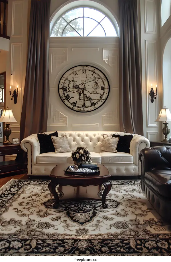 Elegant living room interior with tufted sofa and ornate rug