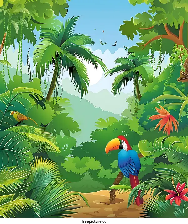Tropical Rainforest Landscape Illustration with Toucan and Parrot