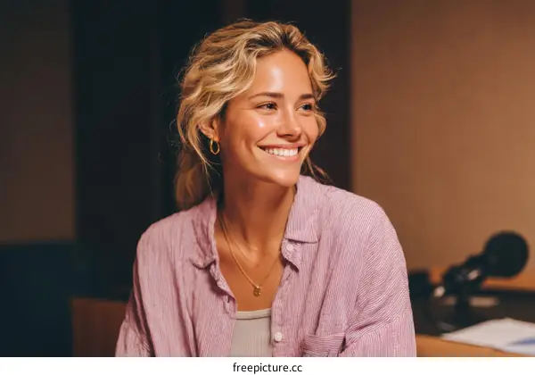 Smiling Woman in Studio Recording