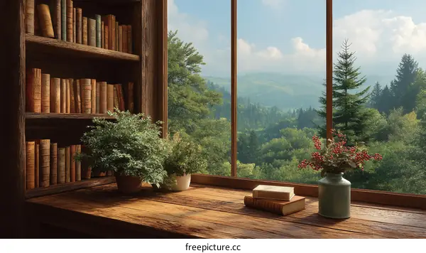 Rustic Wooden Bookshelf with Mountain View