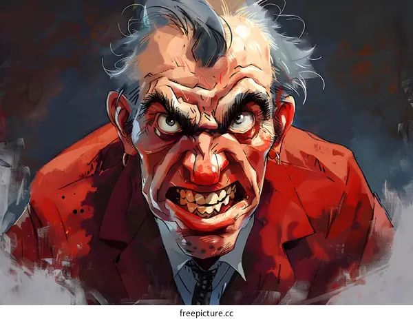 red faced man with white hair in red suit