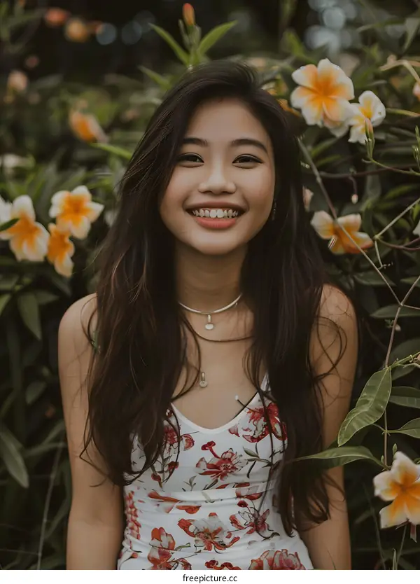 Smiling Asian Woman in a Floral Dress
