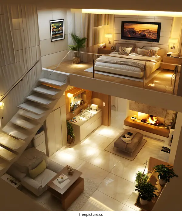 Modern Loft Apartment Interior Design with Fireplace and Staircase