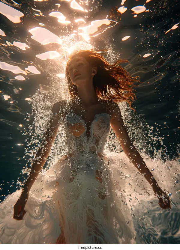 Underwater photoshoot of a woman wearing a white wedding dress