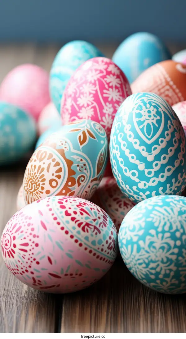 A variety of Easter eggs with intricate and colorful designs