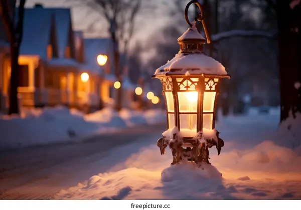 A Snowy Street at Night with a Lamp Post