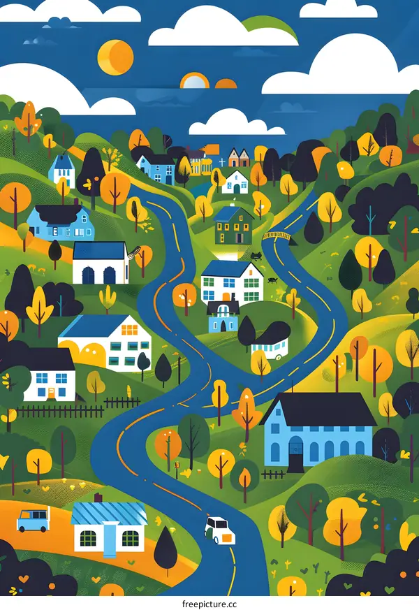 Colorful Illustration of a Winding Road in a Town