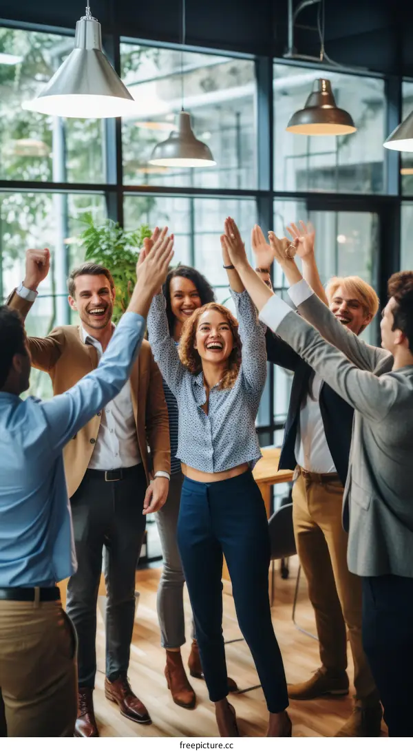 Diverse group of business professionals celebrating success in modern office