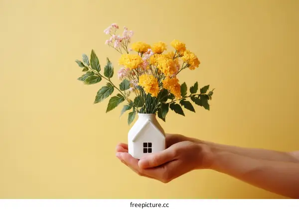 A House Shaped Vase with Yellow Flowers Held by Hands