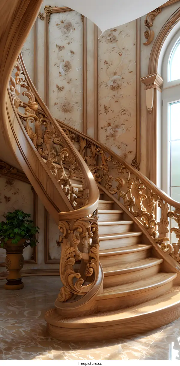 Staircase with ornate wooden handrails