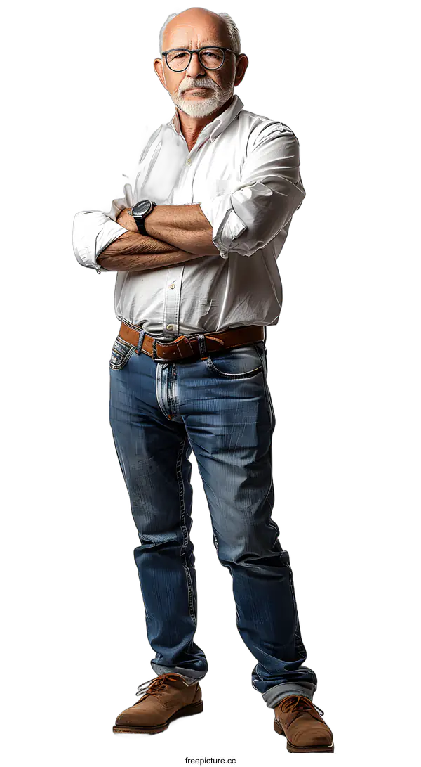 [Transparent Background PNG]Portrait of Senior Caucasian Man with White Shirt and Blue Jeans