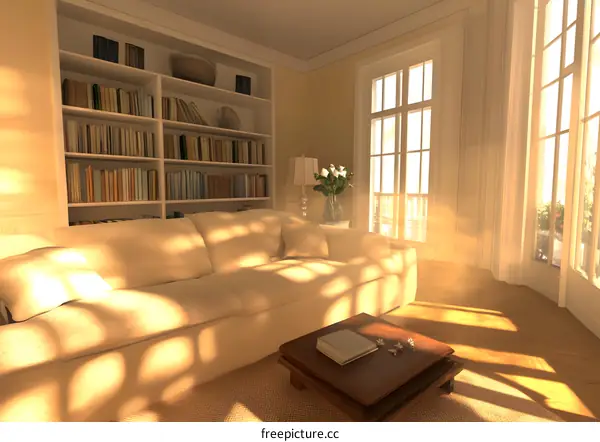 Sunlight Streaming Through Windows in a Living Room with a Bookcase and Sofa