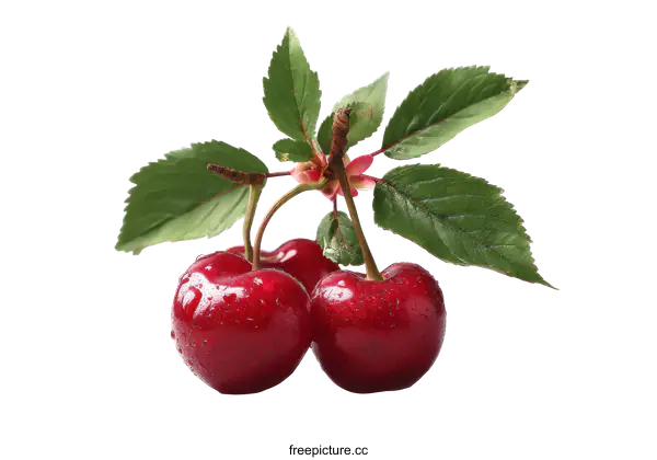 [Transparent Background PNG]Fresh Cherries with Leaves Close-up