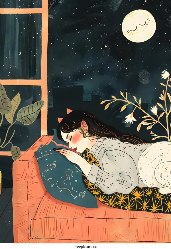 Sleeping Woman with Stars and Moon Illustration
