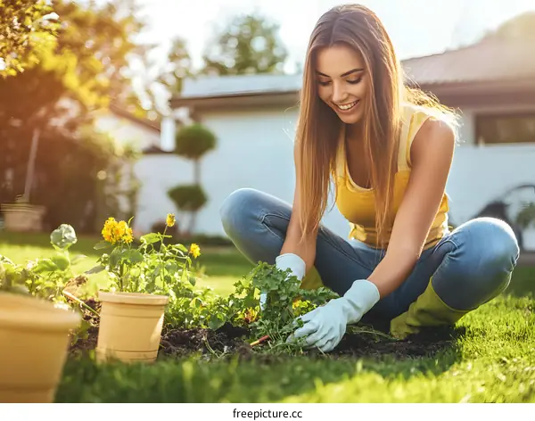 Smiling Woman Planting Flowers in Her Garden
