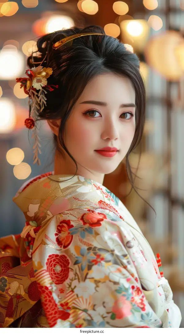 Portrait of a beautiful Asian woman in traditional Japanese kimono