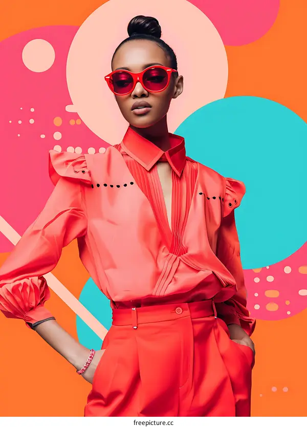 Fashionable Woman in Red Outfit with Colorful Abstract Background