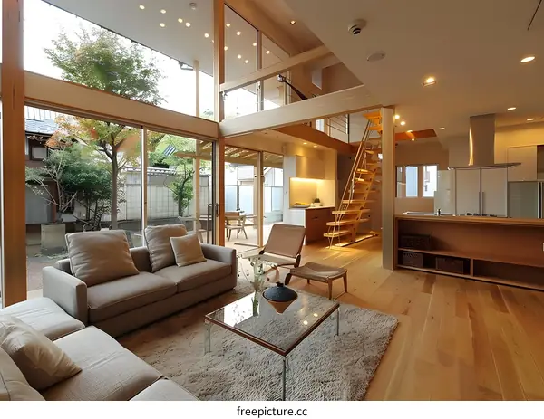 Modern Living Room With Wooden Flooring And Glass Doors