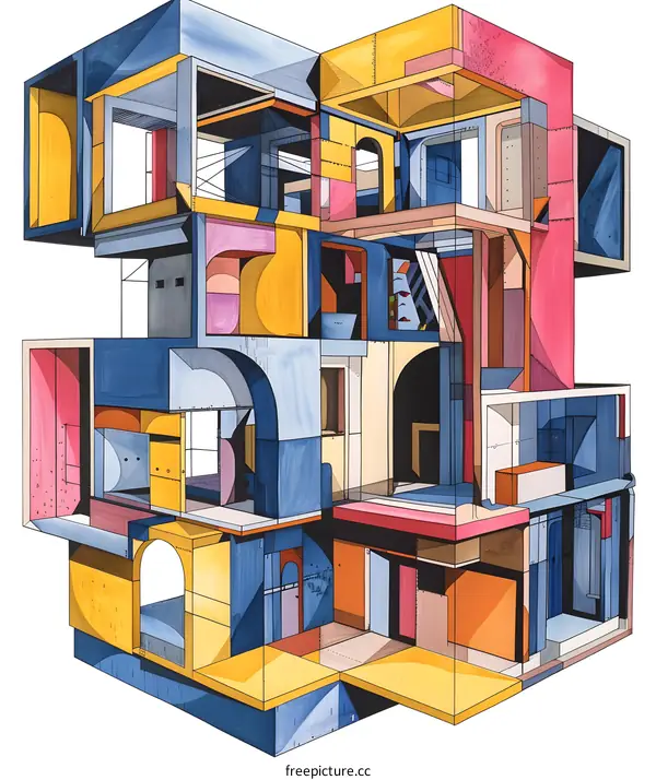 Abstract Watercolor Painting of an Interlocking Building Design