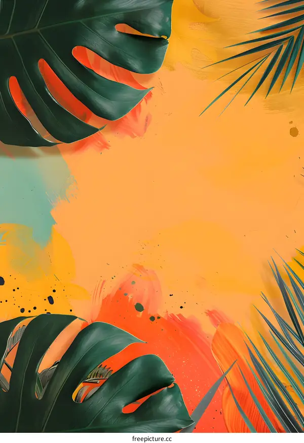 Tropical Leaves Background with Abstract Paint