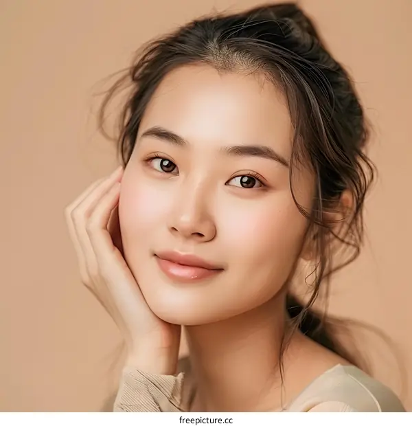 Portrait of a Young Asian Woman with a Gentle Smile and Clean Skin