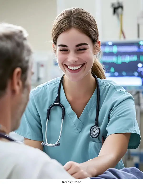 Smiling Female Doctor Checking Up On Male Patient