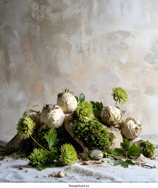 White Balls Moss and Green Flower Still Life