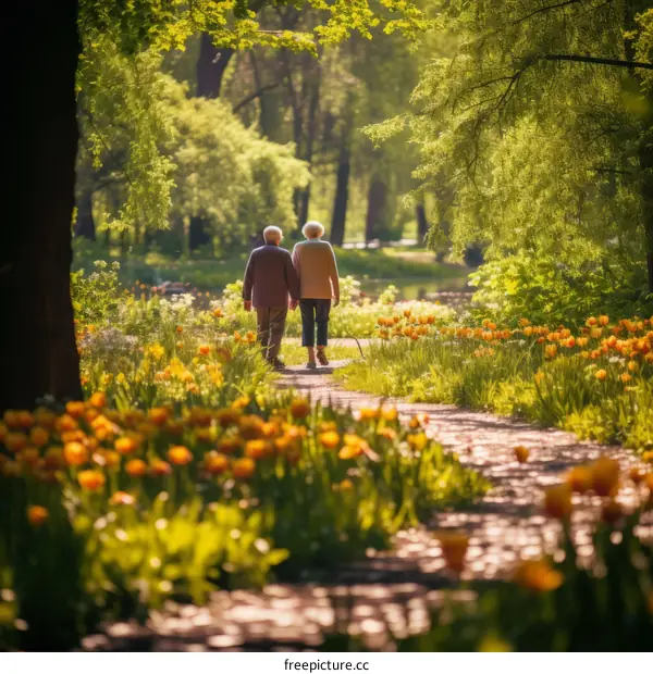 Romantic walk in the park with blooming tulips