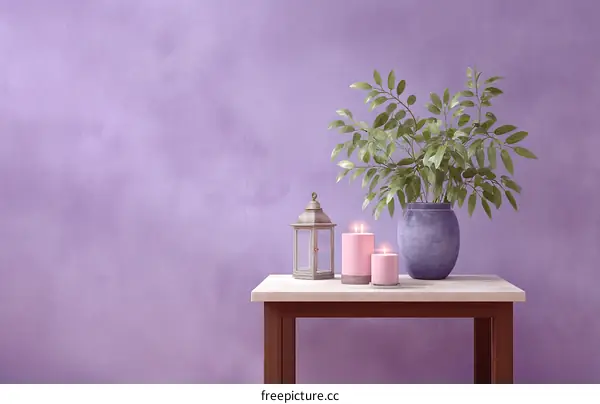 Elegant Purple Wall Decor with Candles and Plants