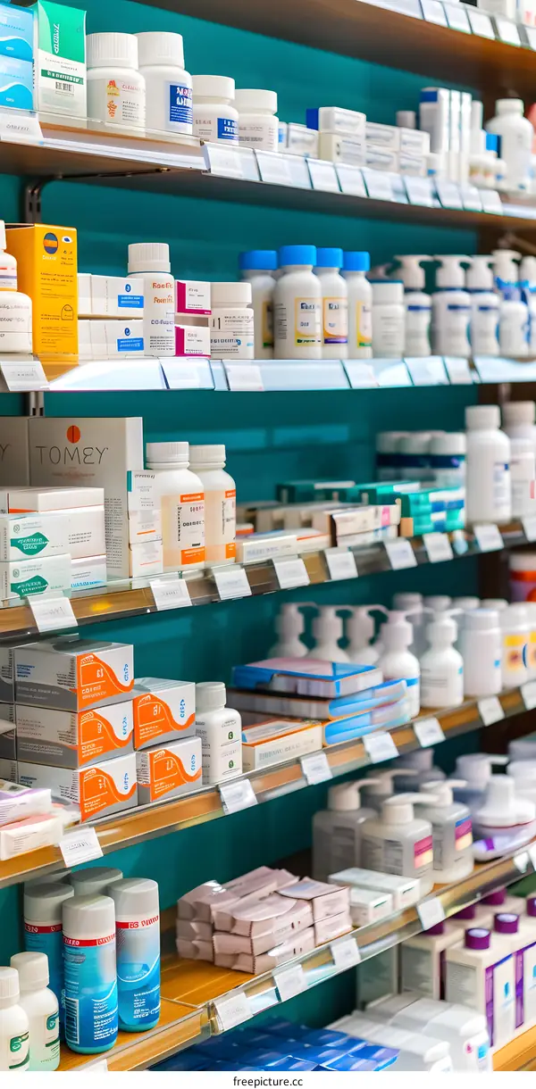Pharmacy Shelf with Variety of Medicines and Products