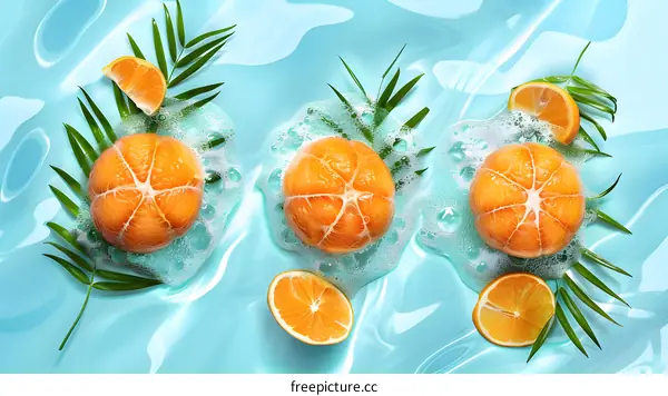 Orange Fruit Slices Floating in Water with Green Leaves