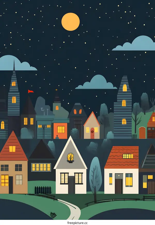Night Sky Illustration With Houses And Moon